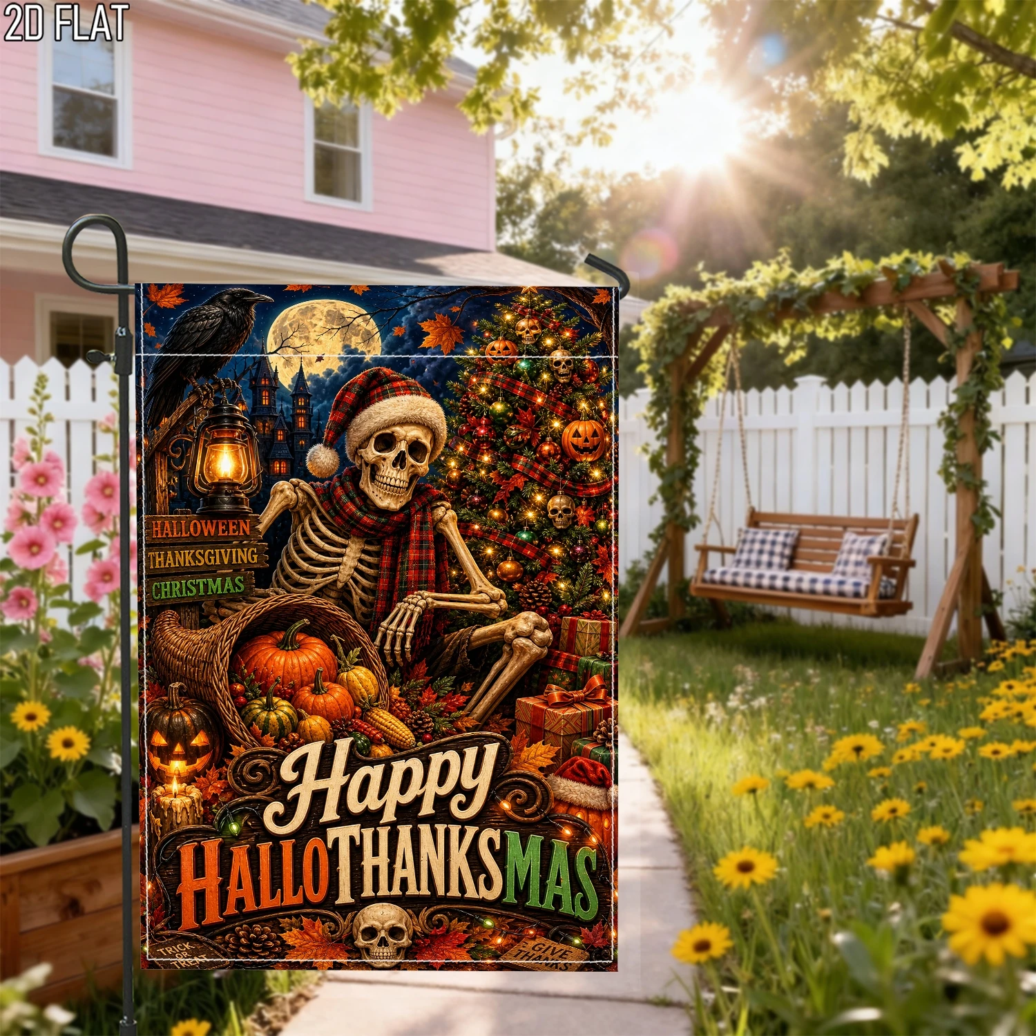 1pcs Happy HalloThanksMas Skeleton Christmas Halloween Thanksgiving Garden Flag