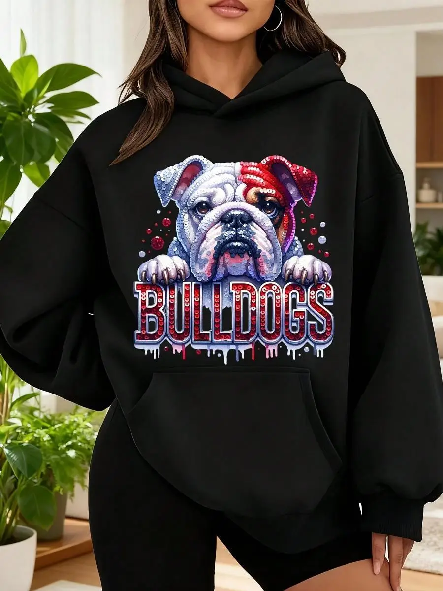 Bulldogs Dog Graphic Print Oversized Hooded For Women, Sports Team Fan Apparel, Casual Wear For Game Day And Everyday Outfits