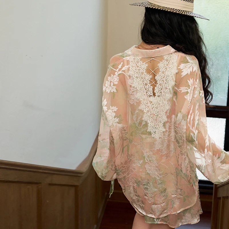 ELFSACK Women's Chinese Style Floral 2 Piece Set with Lace Trim, Shear Cutout Shirt & Pleated Skirt, Lightweight Summer Wear