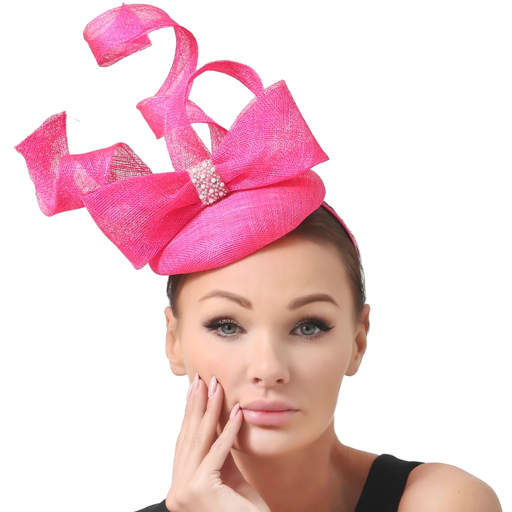 

Sinamay Big Bow Millinery Fascinators Women Party Tea Hat Bridal Married Elegant Chapeau Fashion Pink Headbands Accessories