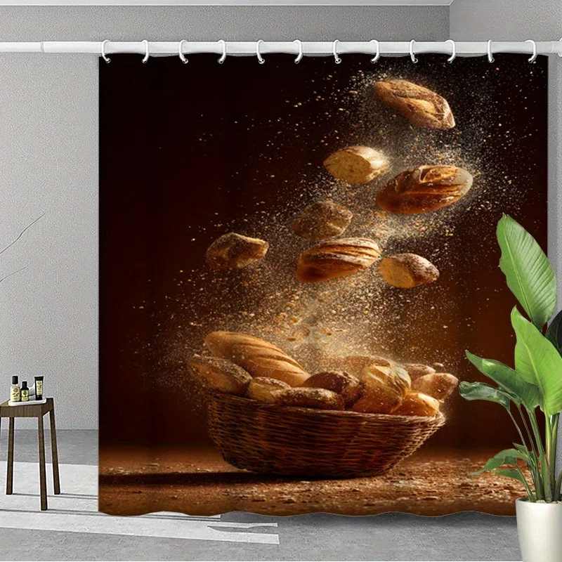 Rustic Bread Shower Curtain - Falling Fresh Bakery Buns, Vintage Wheat Flour Theme, Warm Kitchen Decor