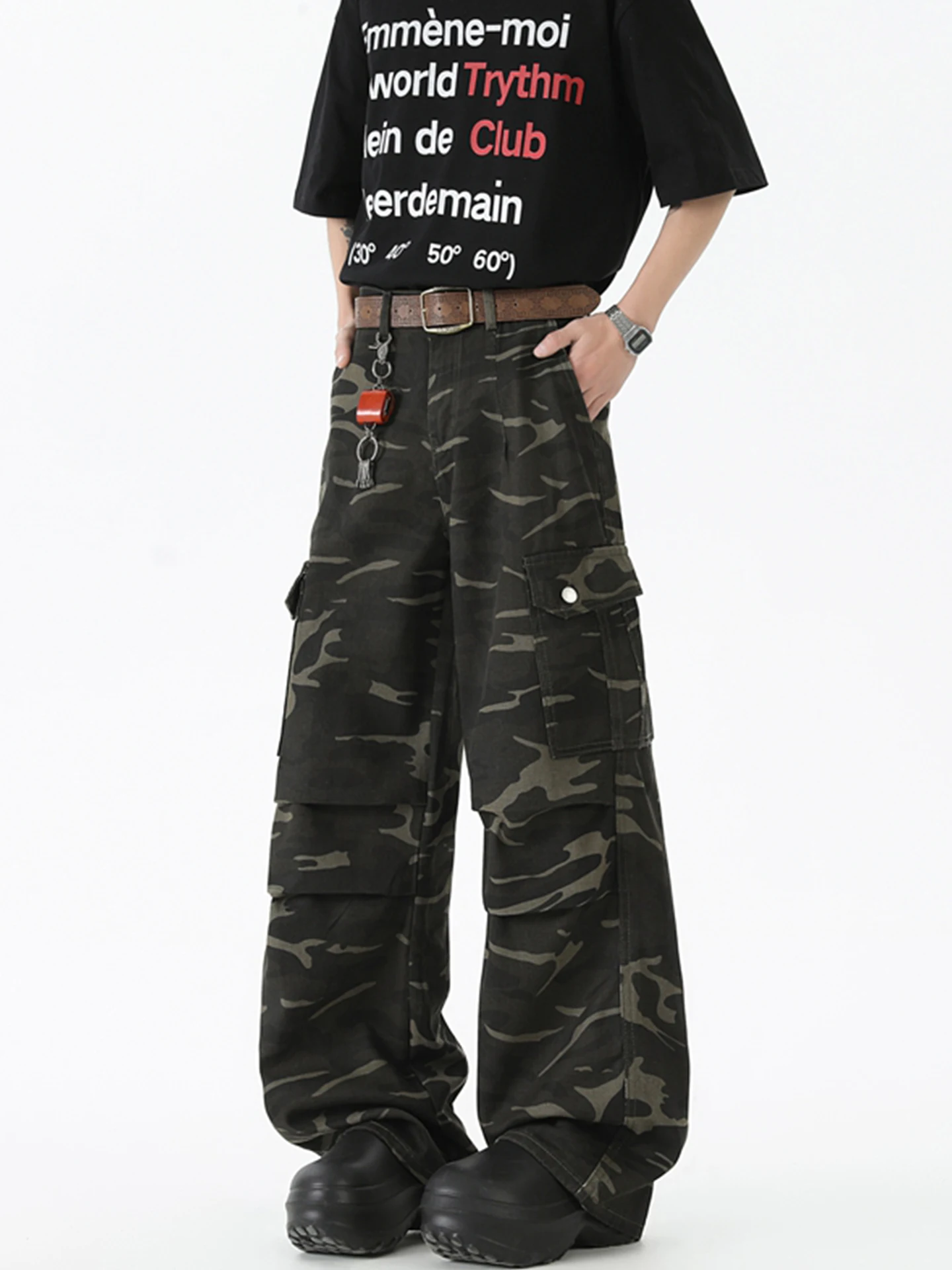 

Camouflage Loose Fit Straight Leg Workwear Jeans Men's American High Street Cleanfit Trousers Autumn Wide Leg Knife Pants