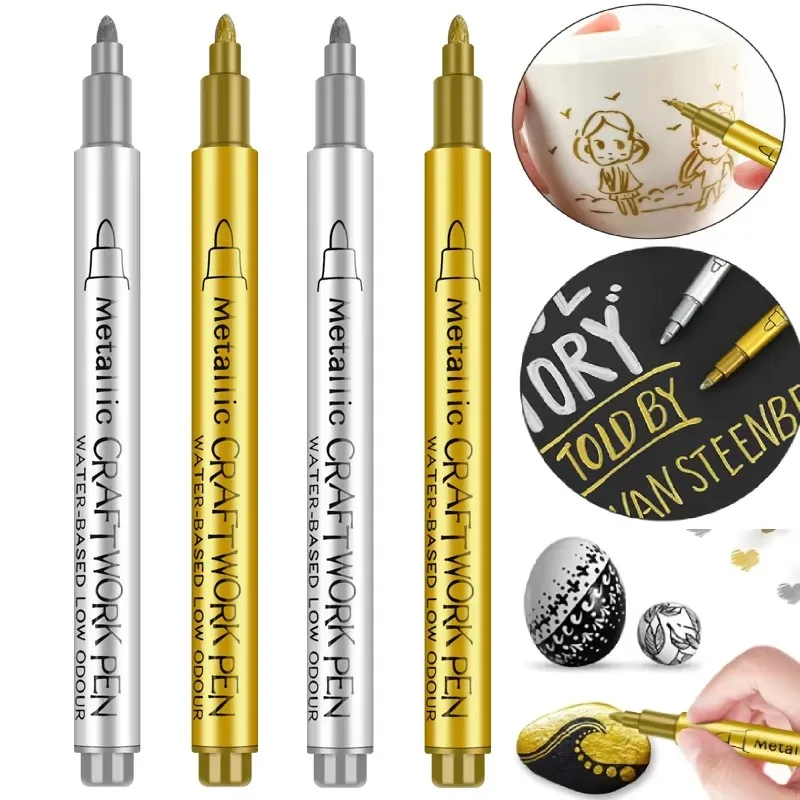 1/2/3/4Pcs Metallic Marker Pen Set Gold Silver Brush Pen Medium Point Markers For Metal Rock Painting Black Paper Card Making