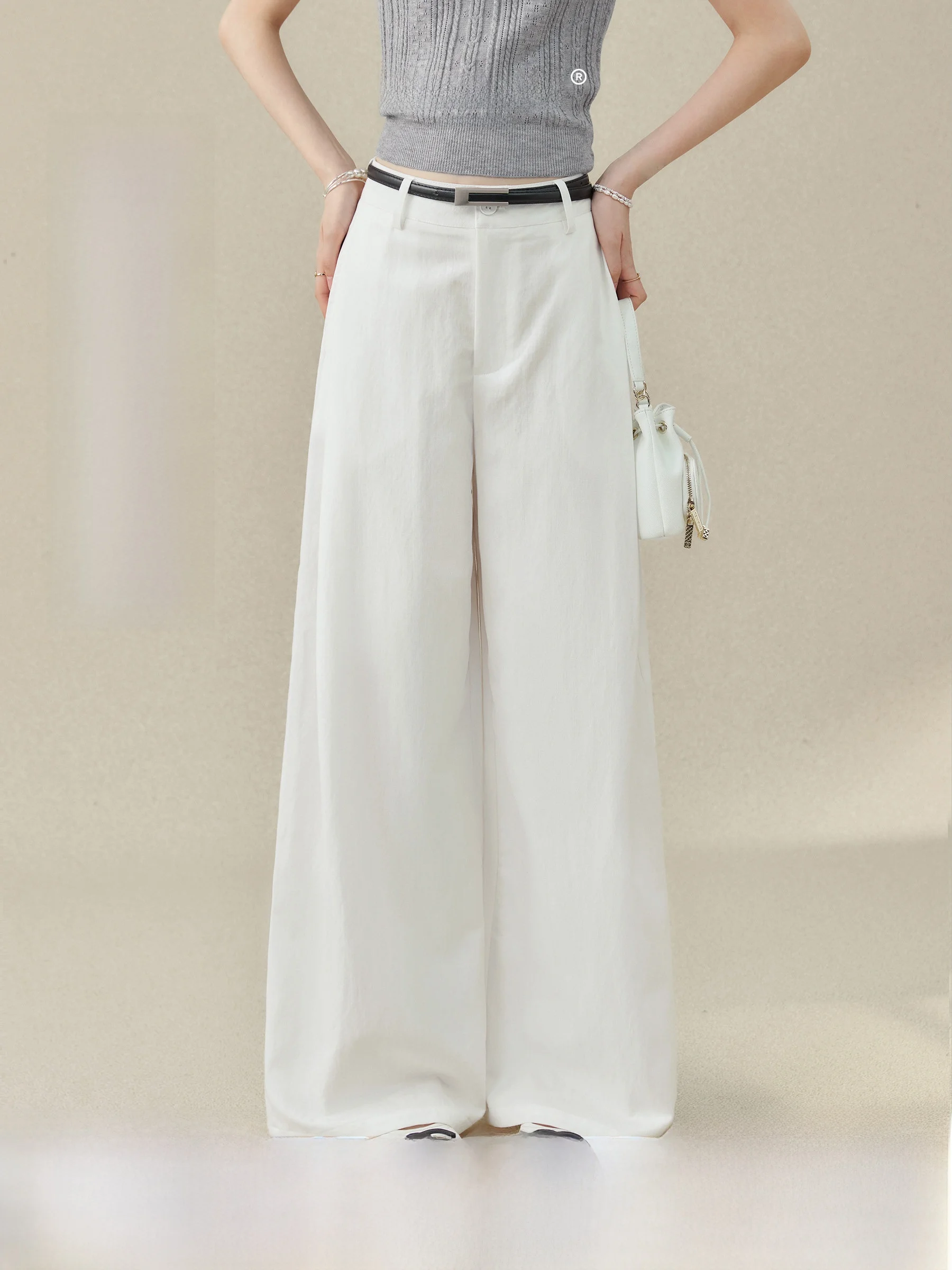 

White Floor-Length Draping Pants Women's Summer New Loose Slim Wide Leg Casual Trousers Casual High Waist Zipper Knitted