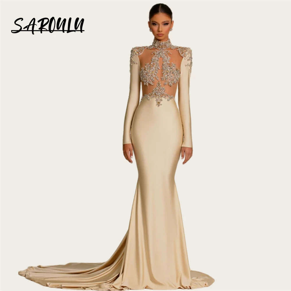 Elegant Champagne Sheath Long Evening Dress Full Sleeves Illusion Beaded Crystal Custom Made Prom Gown Women Party Formal Dress