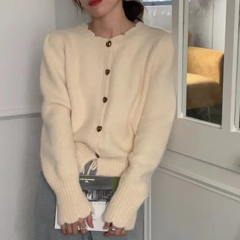 Women's Autumn and Winter Knitted Cardigan Sweater Jacket Heart Button Soft Glutinous Top Temperament Casual Cute
