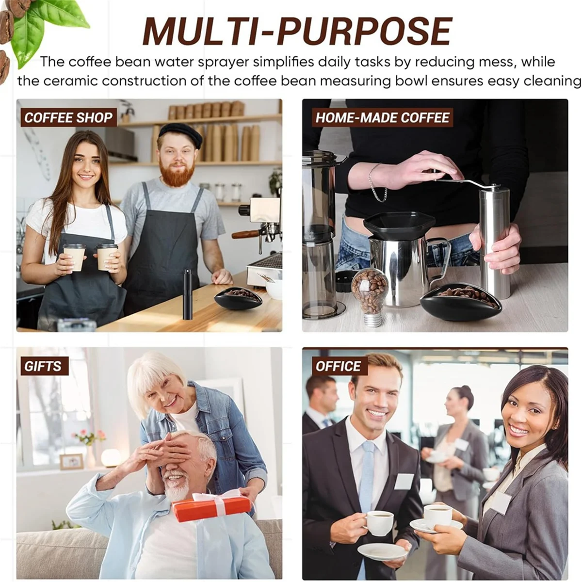 Set di 3 tazze dosatrici per chicchi di caffè e flaconi spray RDT e cucchiai, accessori per bar, contenitori dosatori in ceramica neri