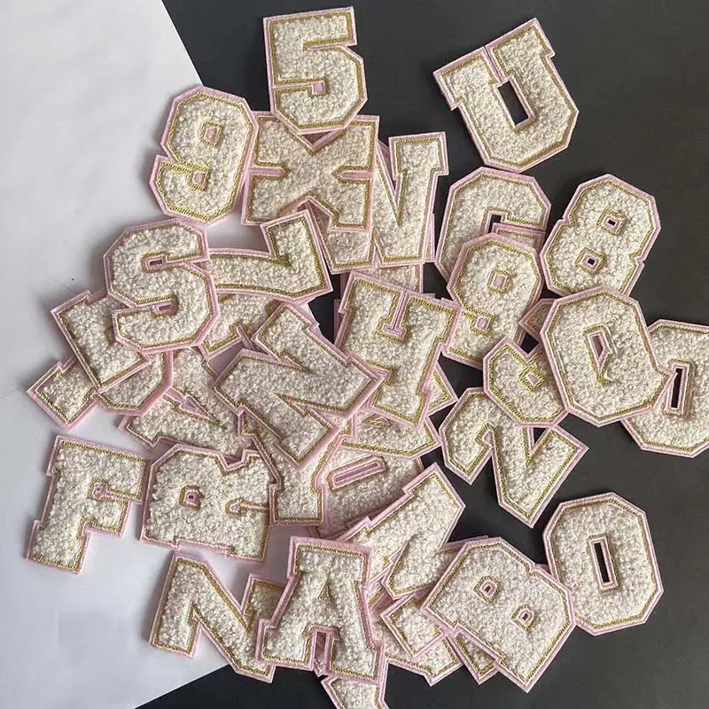 A~Z English Alphabet Letter,0~9 Numbers Badges White Chenille Applique Embroidery Iron On Patches,DIY Sewing For Clothing Badge