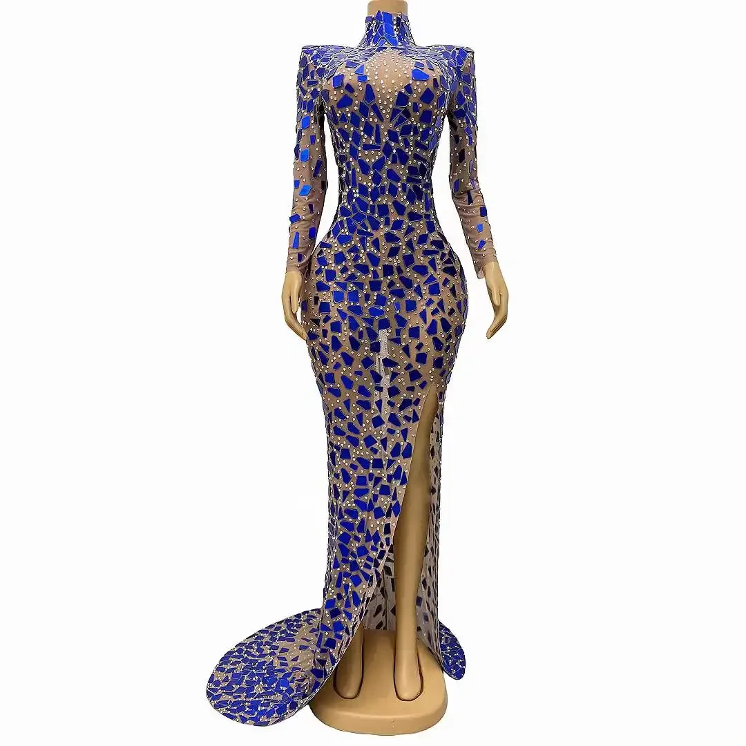 

Blue Long Floor Length Dress For Women Full Rhinestone Crystals Sheer Stretch One Size Elegant Birthday Evening Costume