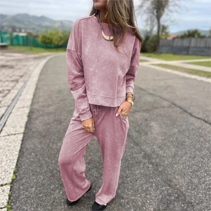 

High Street Fashion Women's 2-piece Set 2025 New Casual Pants Set Round-neck Solid Sweatshirt Long-sleeved Top + Wide-leg Pants