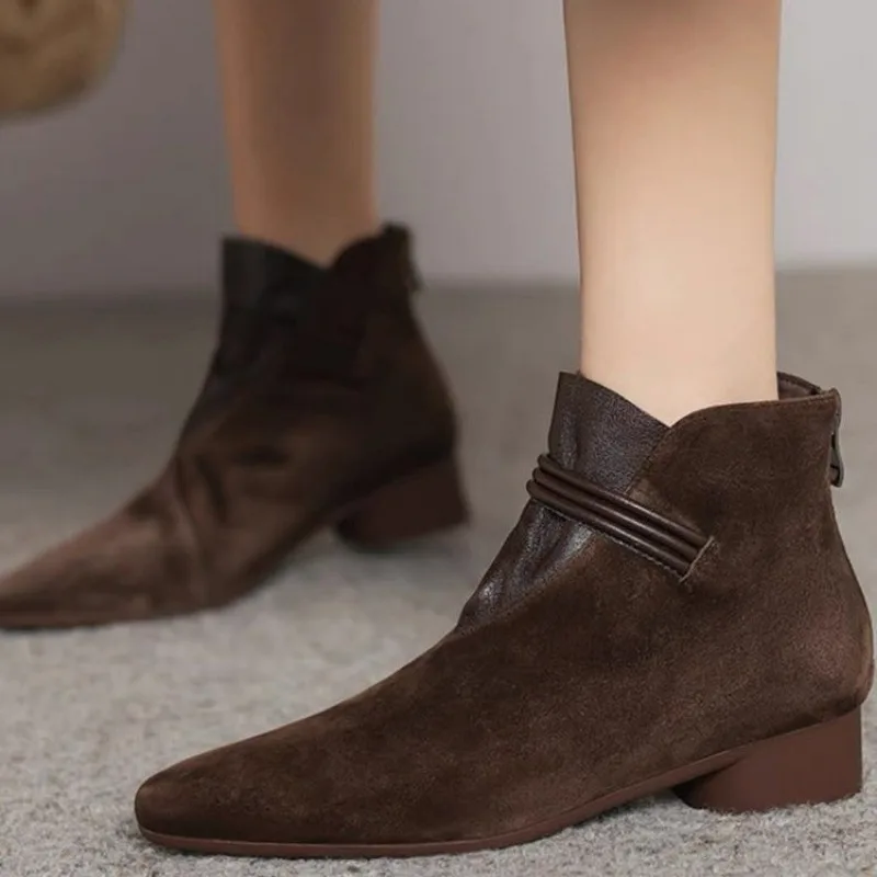 Fur Boots Winter New Suede Warm Outdoor Casual Low Heel Pointed Toe Shoes Rear Zipper Fashion Boots for Women Botas De Mujer