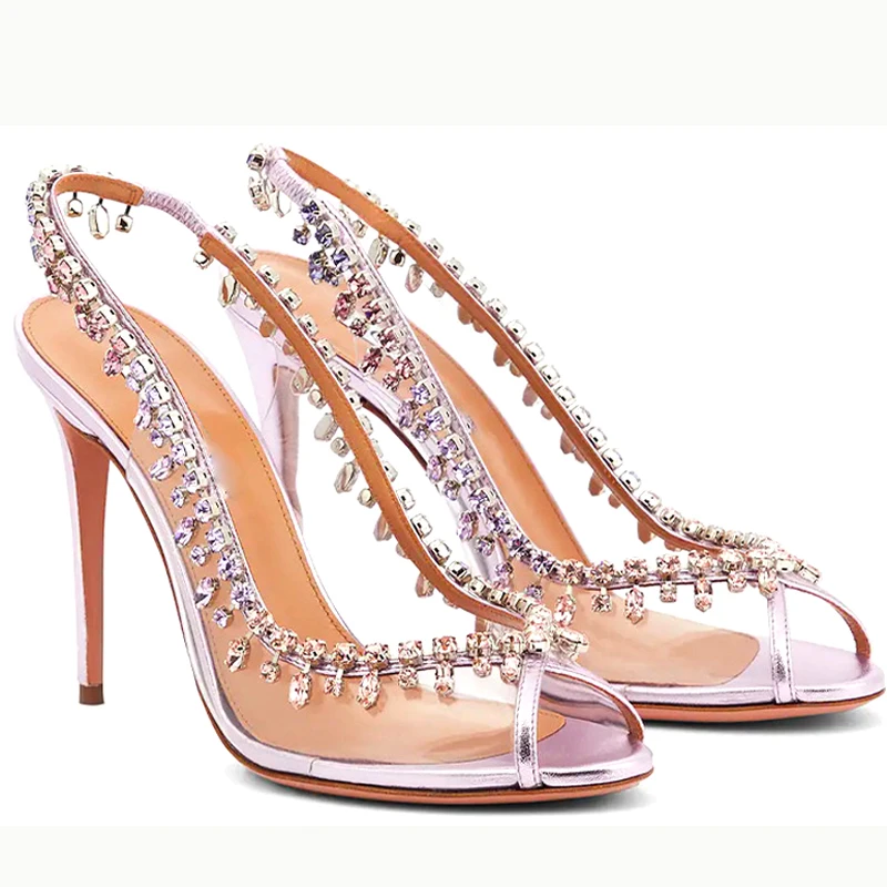 

Bling Bling Rhinestone transparent Slingbacks Sandals Peep Toe Pink Black Stiletto Heels Woman 9 cm High Heels Banquet Pumps