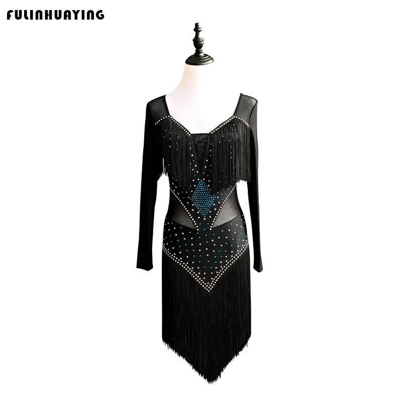 

Черное платье для латиноамериканских танцев, сценический костюм для вечеринок, женское платье для соревнований, платье с пайетками для девочек, платье с бахромой для танца ча-ча-ча