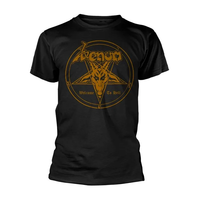 Camiseta do álbum Venom Welcome To Hell com estampa vintage de pentagrama dourado, 100% algodão, unissex, camiseta de banda de rock black metal.
