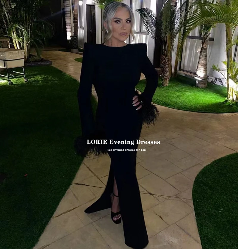 LORIE Dubai Mermaid Arabic Black Evening Dress For Women Queen Long Sleeves With Feathers Side Split Elegant Formal Party Gown