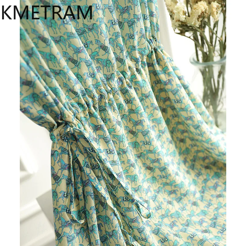 خواتین کے لیے KMETRAM Mulberry Silk Floral Vest Dresses 2024 Summer Mid-length Suspender Dress Sleeveless Clothing Robe Femme Été