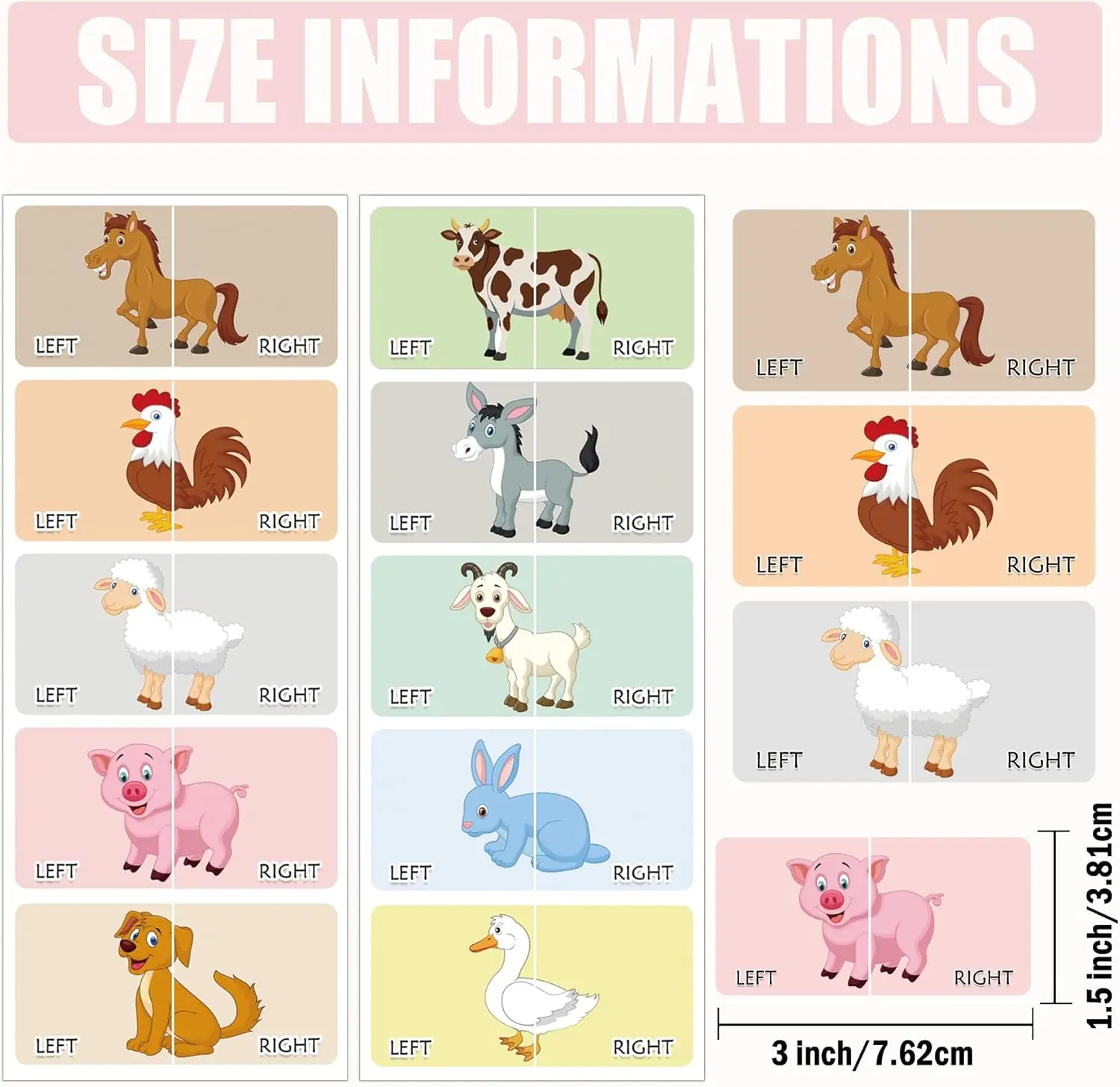 80Pcs Kids Cute Right Left Farm Animal Stickers 3 x 1.5 Inch - Cartoon Chicken Pig Sticker Children Boys Girls Shoes Stickers