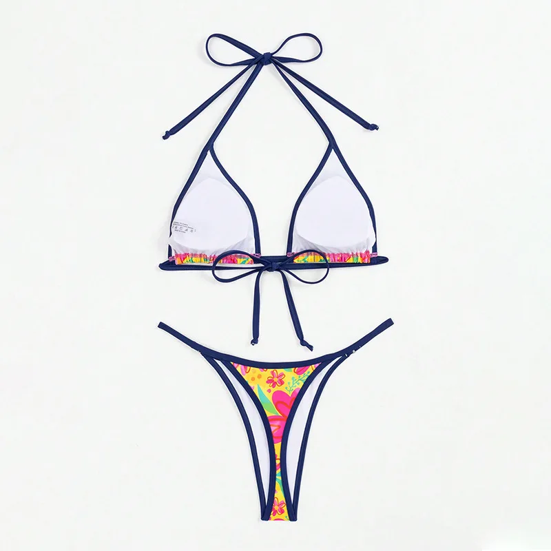 Sexy Yellow Flower Print String Tie Halter Bikinis Sets Two Pieces Thong Swimsuit Swimwear Bathing Suit Beach Outfits Biquini