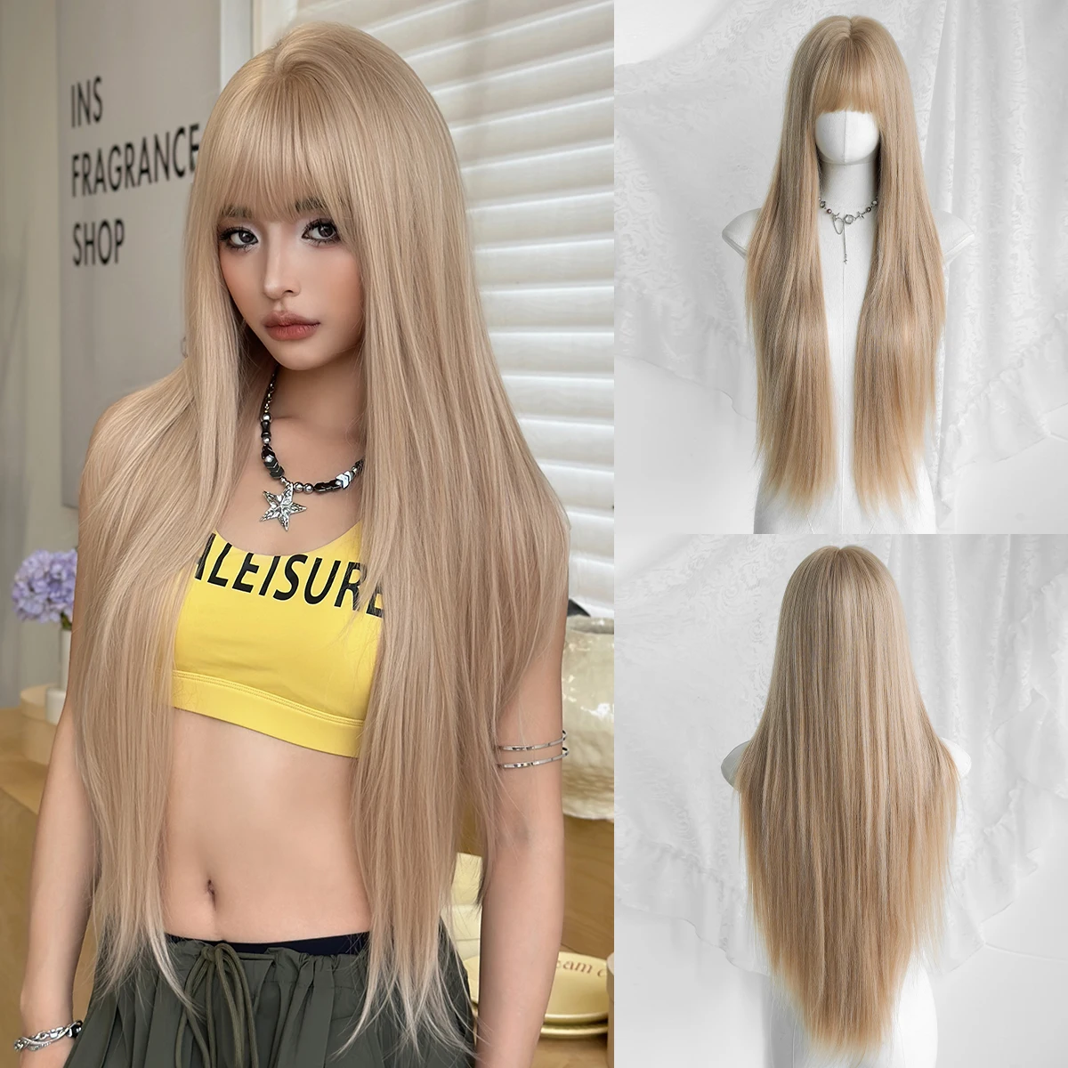 

NAMM New Fashion Long Straight Beige Wig With Bangs Natural Looking High Quality Fiber Synthetic Wig for Women Daily Use
