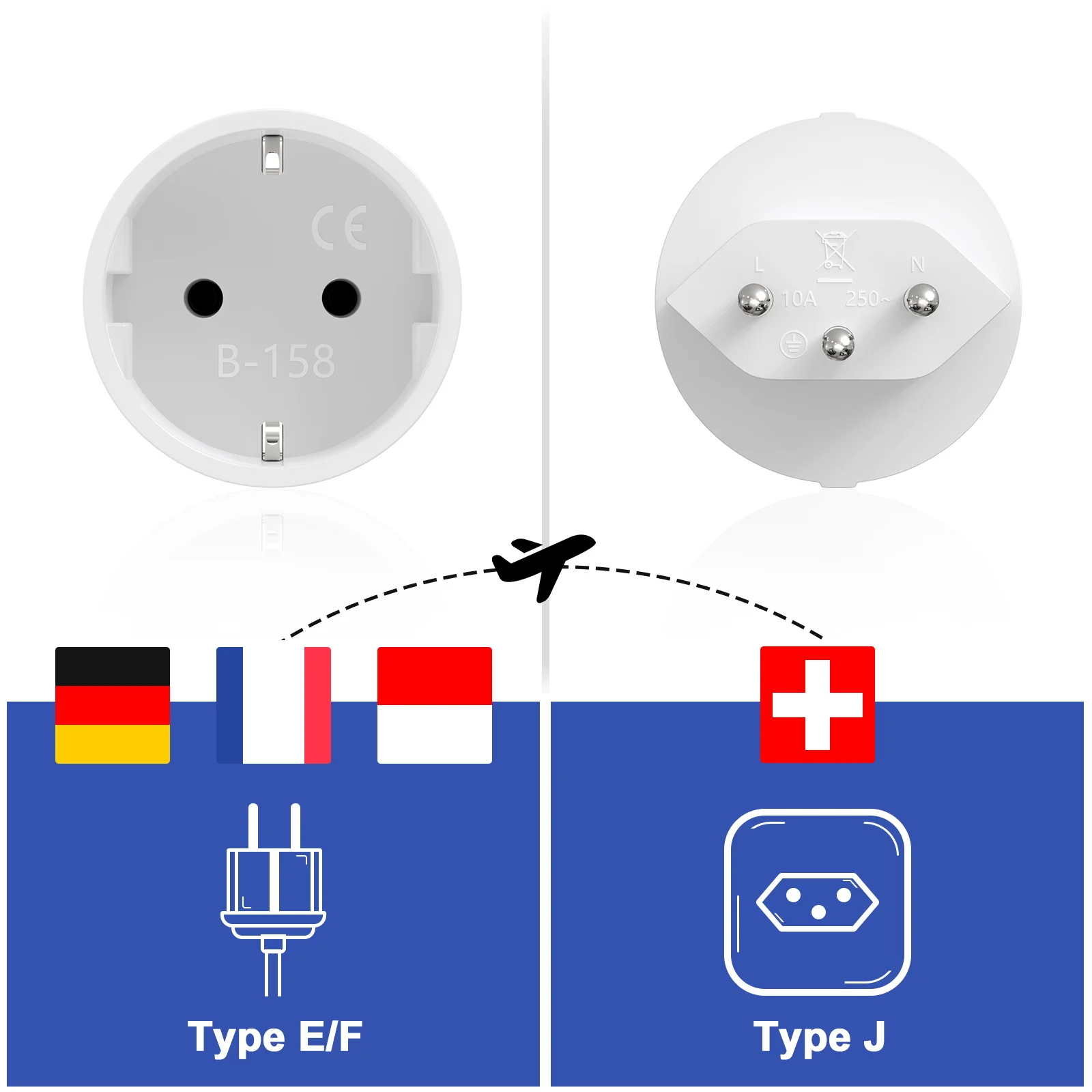 Swiss Travel Adapter Type J/E/F Multi-country Universal Power Adapter, Suitable for Kitchens, Living Rooms and Offices