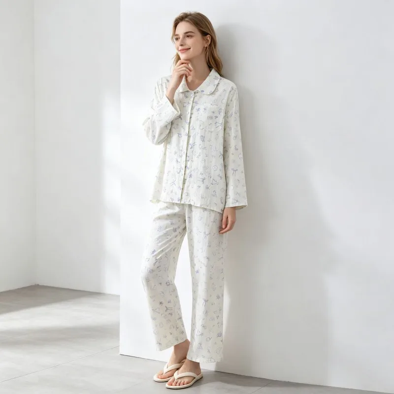 Women Spring Autumn Pajama Sets 100% Cotton Loungewear Suit Sweet Print Sleepwear Suit Long Sleeve Peter Pan Collar Homewear