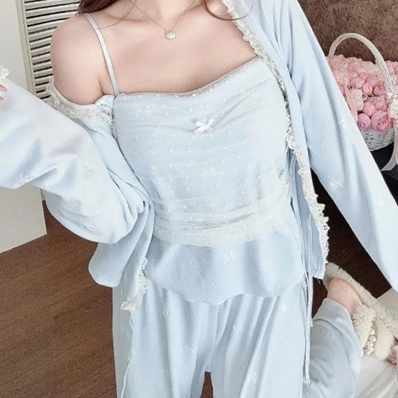 Sexy Pajamas for Women New Style Home Wear Three-piece Set Double-sided Island Velvet Warm Autumn Chest Pad Winter Pajamas