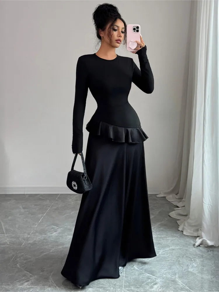 

Elegant High-end Long-sleeved Lace Long Dress Slim Solid Color Temperament Elegant Casual Intellect Simple Style Long Sleeves
