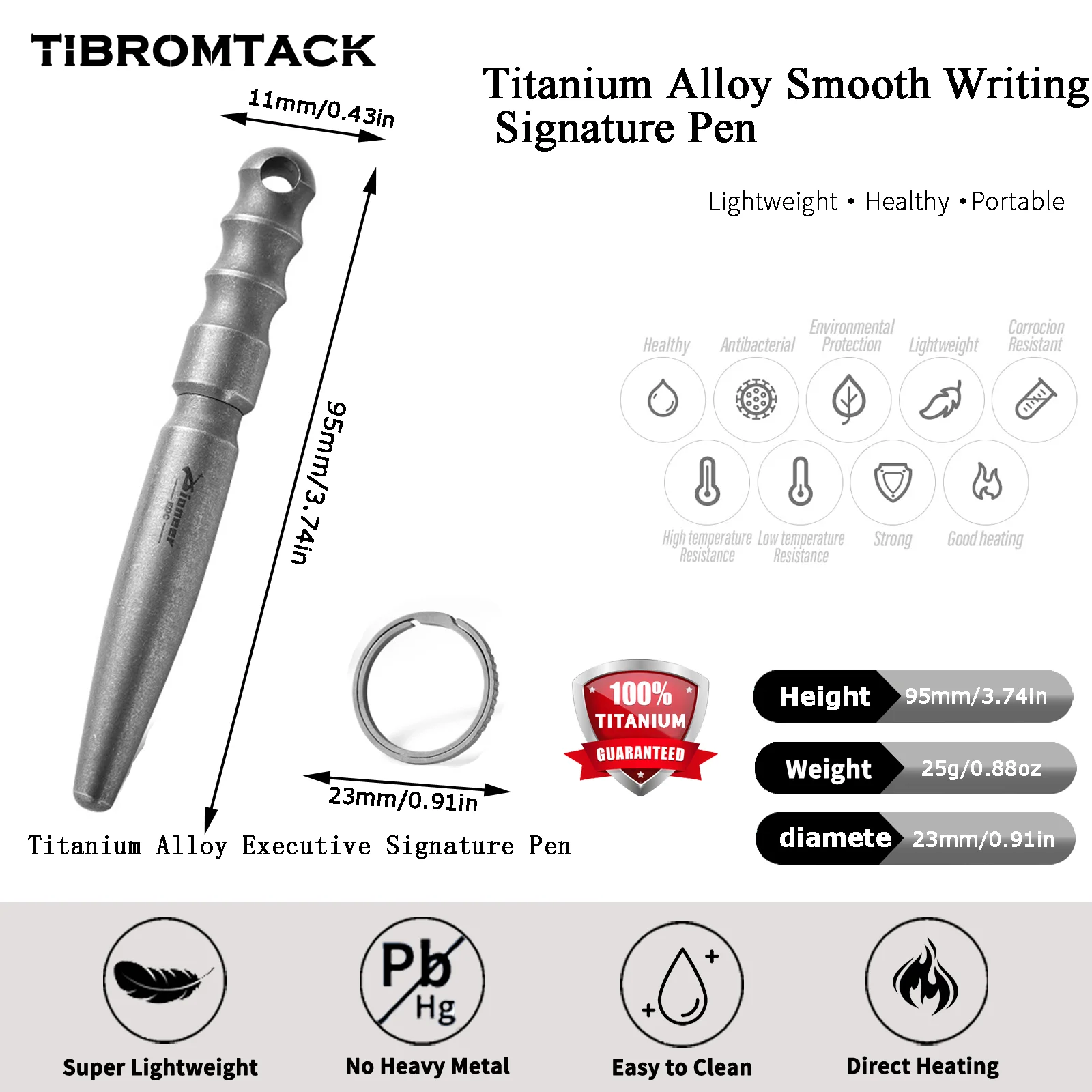 TIBROMTACK Pure Titanium Bolt Action Pen - 9.5cm/3.74in 25g EDC Fidget Pen | Steel-Strength Titanium Pen with Keychain