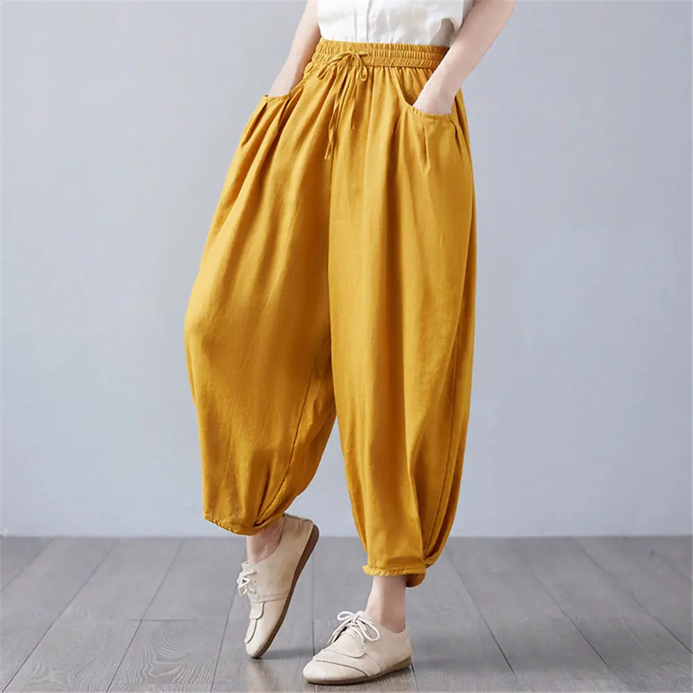 

Women Cotton Harem Pants Cotton Linen Blend Baggy Trousers Summer Cool Bloomers Plus Size 3XL Cropped Pants Elegant Sarouel