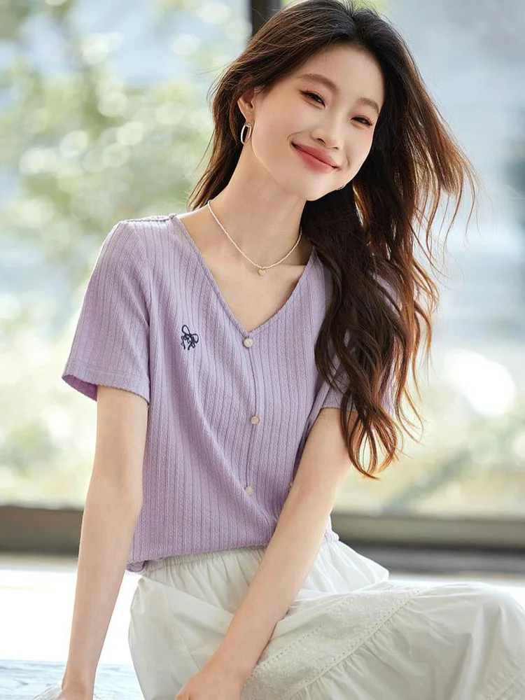 

Женский модный трикотажный топ Ele V-Ne из ледяного шелка с коротким рукавом, летний пуловер прямого кроя от корейского бренда класса люкс