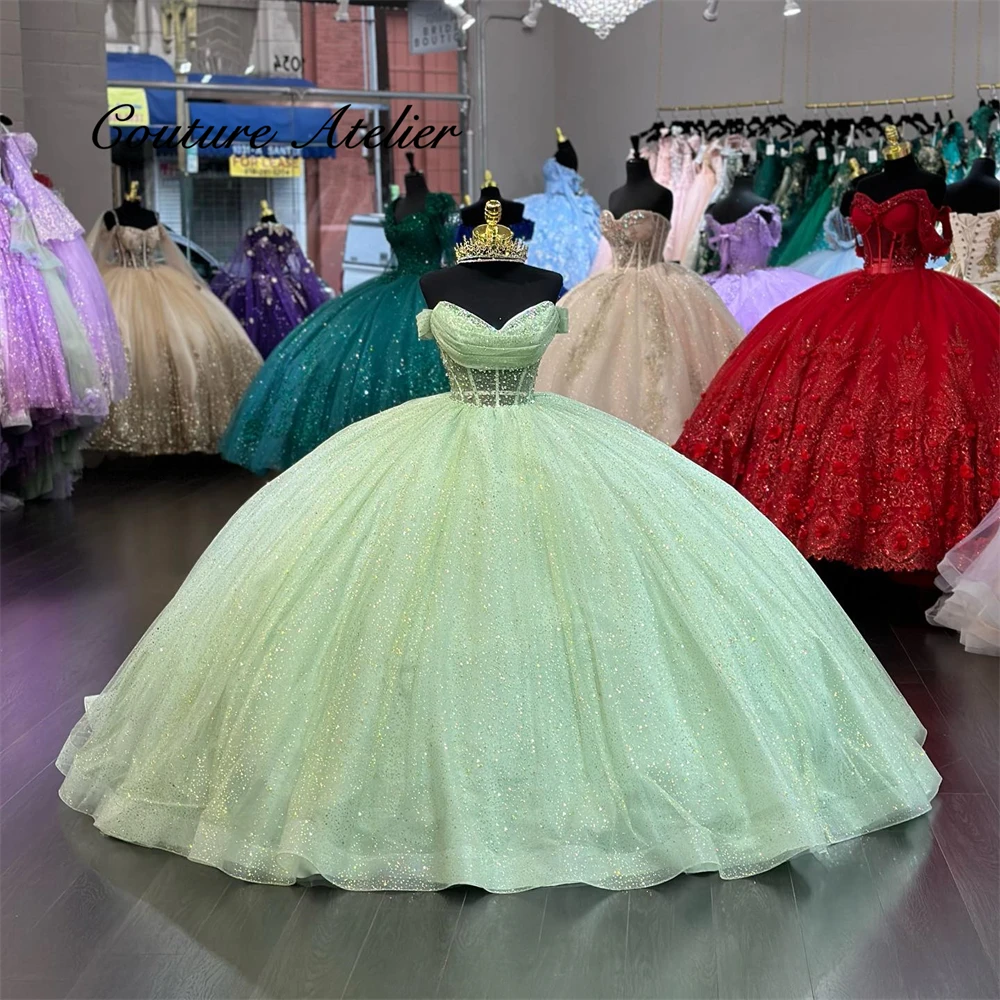 

Glitter Sage Green Off Shoulder Quinceanera Dress Ball Gown Birthday Party Dress Graduation Gown Sweet 16 vestidos de Customized