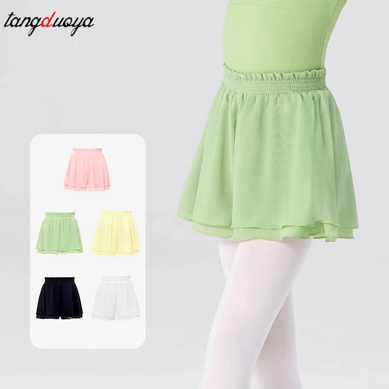 

Girls Ballet Shorts Two Layers Chiffon Dance Shorts Kids Elastic Waist Short Pants Ruffle Waist Dance Culottes for Girls