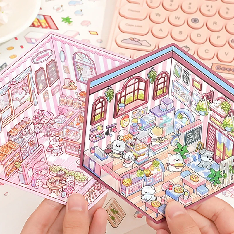 สติกเกอร์สามมิติซ้อนภาพการ์ตูนร้านอาหารเบเกอรี่ฉาก3D บ้านขนาดเล็ก1ชุด
