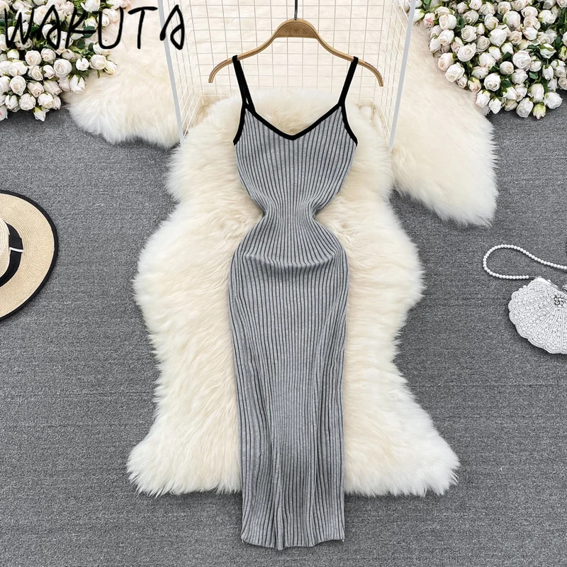 

WAKUTA Sweater Dress 2024 Slim Bodycon Sexy V Neck Maxi Dresses Ins New Slim Knitting Vestidos De Mujer Sleeveless Solid Femme