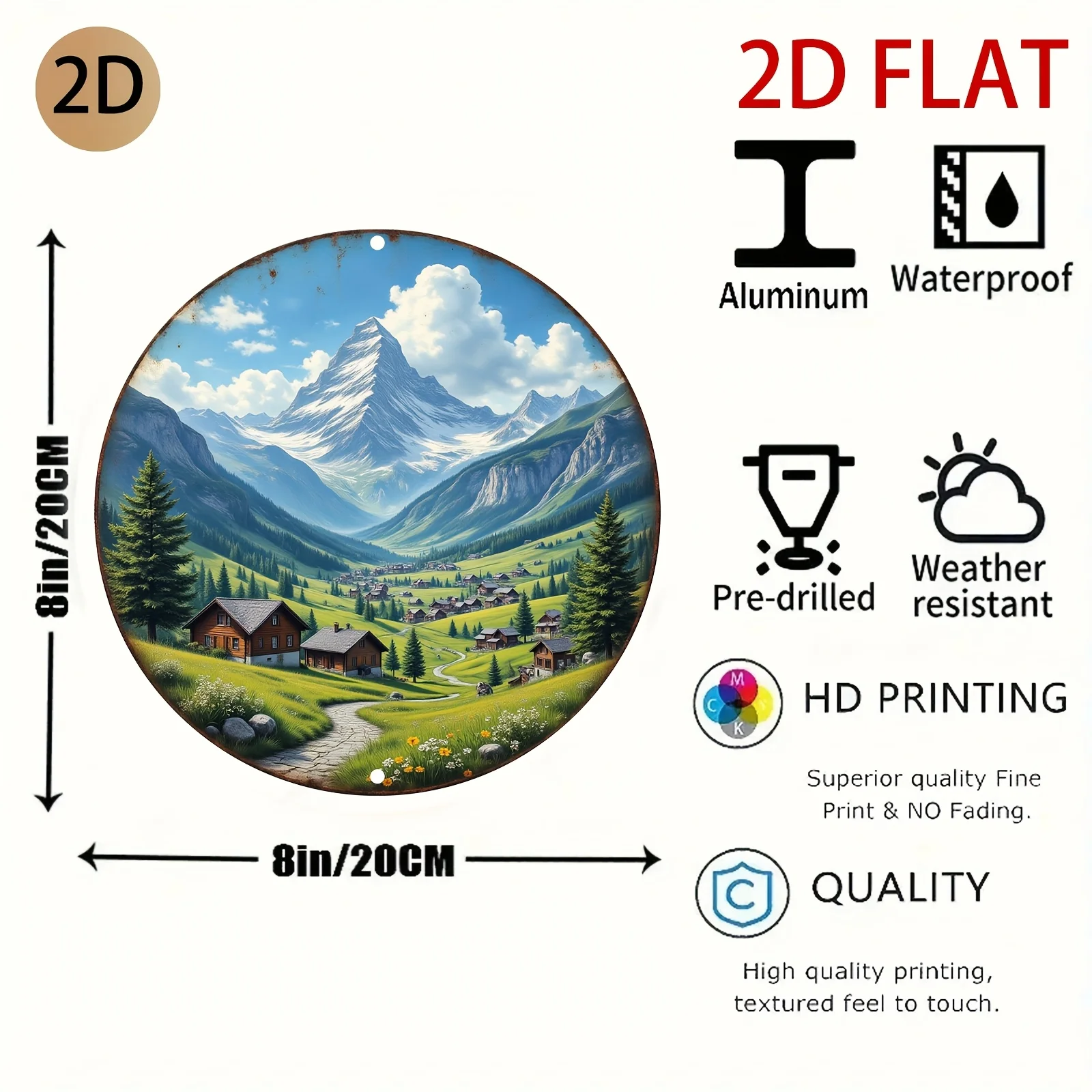 2D Flat - Circular Metal Wall Art Depicting a Rustic Mountain Village Scene, Perfect for Decorating a Home, Cabin, Or Lodge