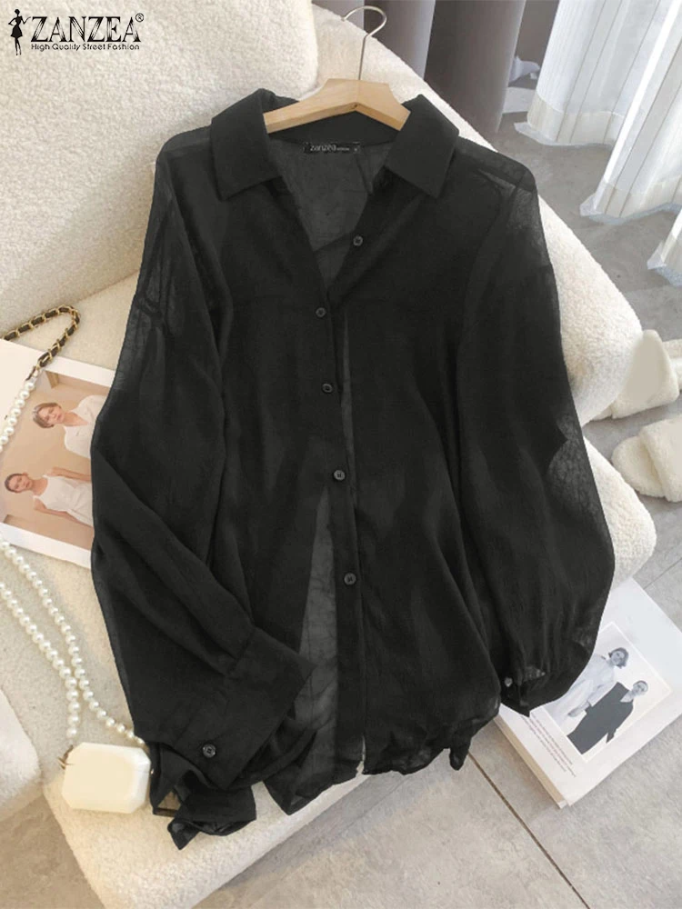 

Fashion Lapel Neck Long Sleeve Sheer Shirt 2025 ZANZEA Autumn Shirts Women Blouse Female OL Work Blusas Buttons Up Tops Oversize