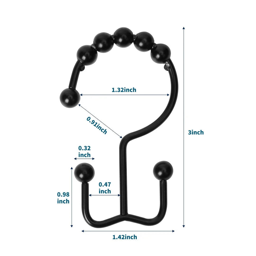 Shower curtain hook, sturdy stainless steel double-sided shower hook, bathroom ring, shower curtain rod, matte black，4-piece set view 5