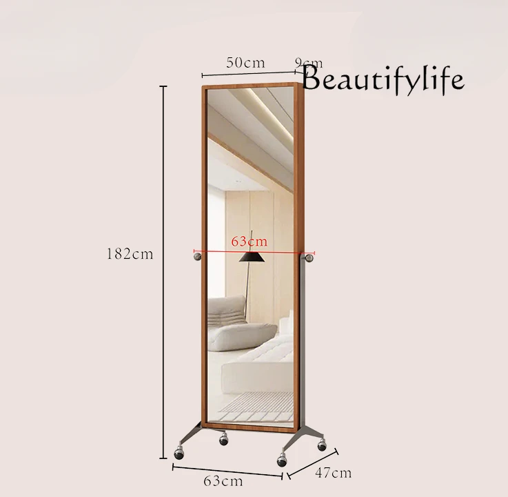 

Japanese-style household rotating full-length mirror movable solid wood magazine rack bedroom with wheels fitting mirror