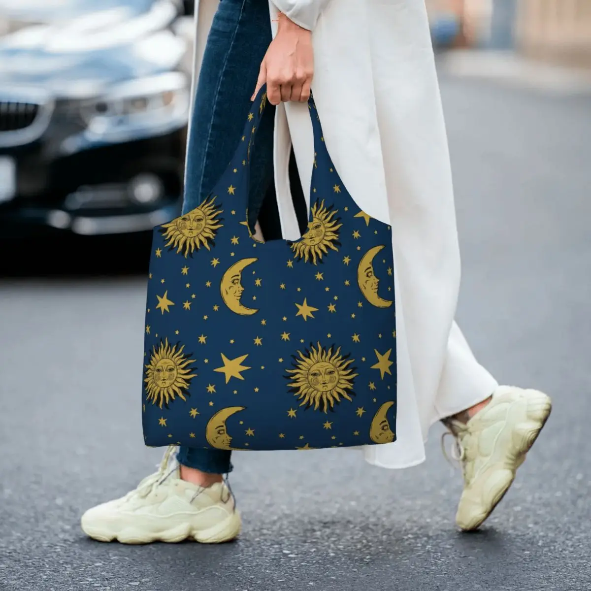 Custom 90s Whimsi Goth Celestial Sun And Moon Pattern Shopping Bag Women Canvas Shoulder Tote Bag Portable Grocery Shopper Bags