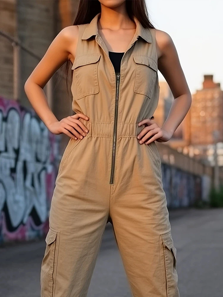 

Fashion Lapel Sleeveless Jumpsuit Elegant Lady Solid Zipper Commute Romper Summer New High Waist Pocket Women Playsuits Overalls