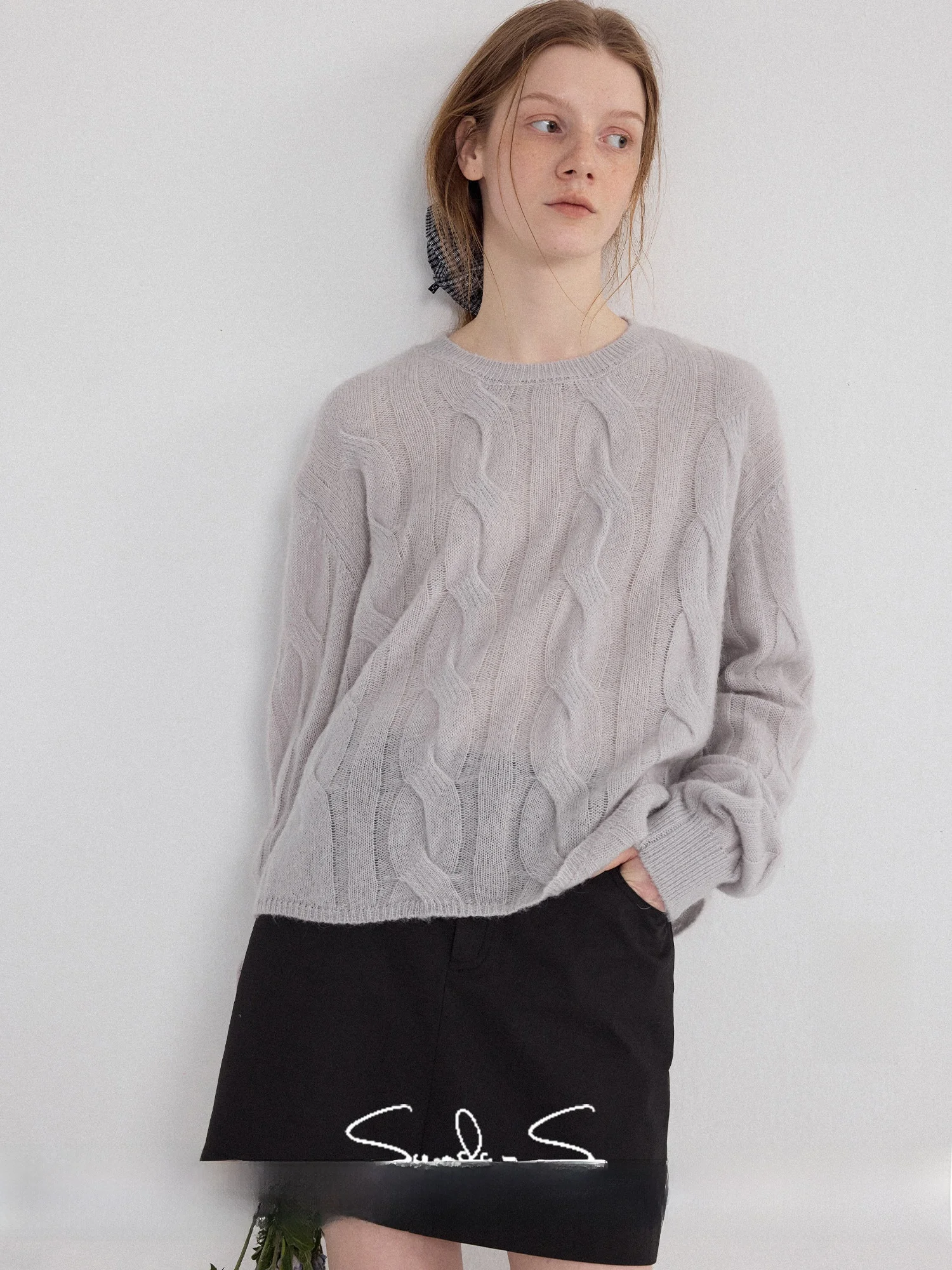 

Sonders Ultra Soft Wool Blend Knit Pullover Simple Loose Twist Flower Design Women's Fashion Spring Straight Cut Long Sleeve