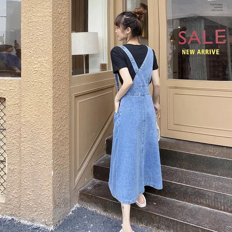 Casual Loose Overalls Dresses Summer Women Denim Dress Sundress Female Solid Adjustable Strap Jeans Dresses Straps Jean Vestidos