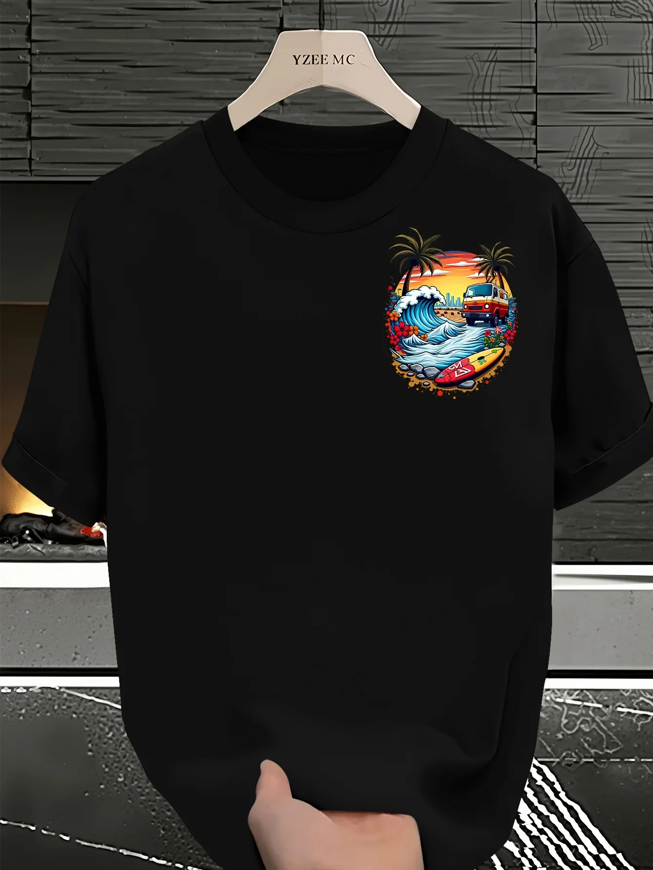 Herren-T-Shirt mit Palmenmuster und buntem Wellenmuster, atmungsaktiv, 100 % reine Baumwolle, Sommermode, lässiges Oberteil – Detail 7
