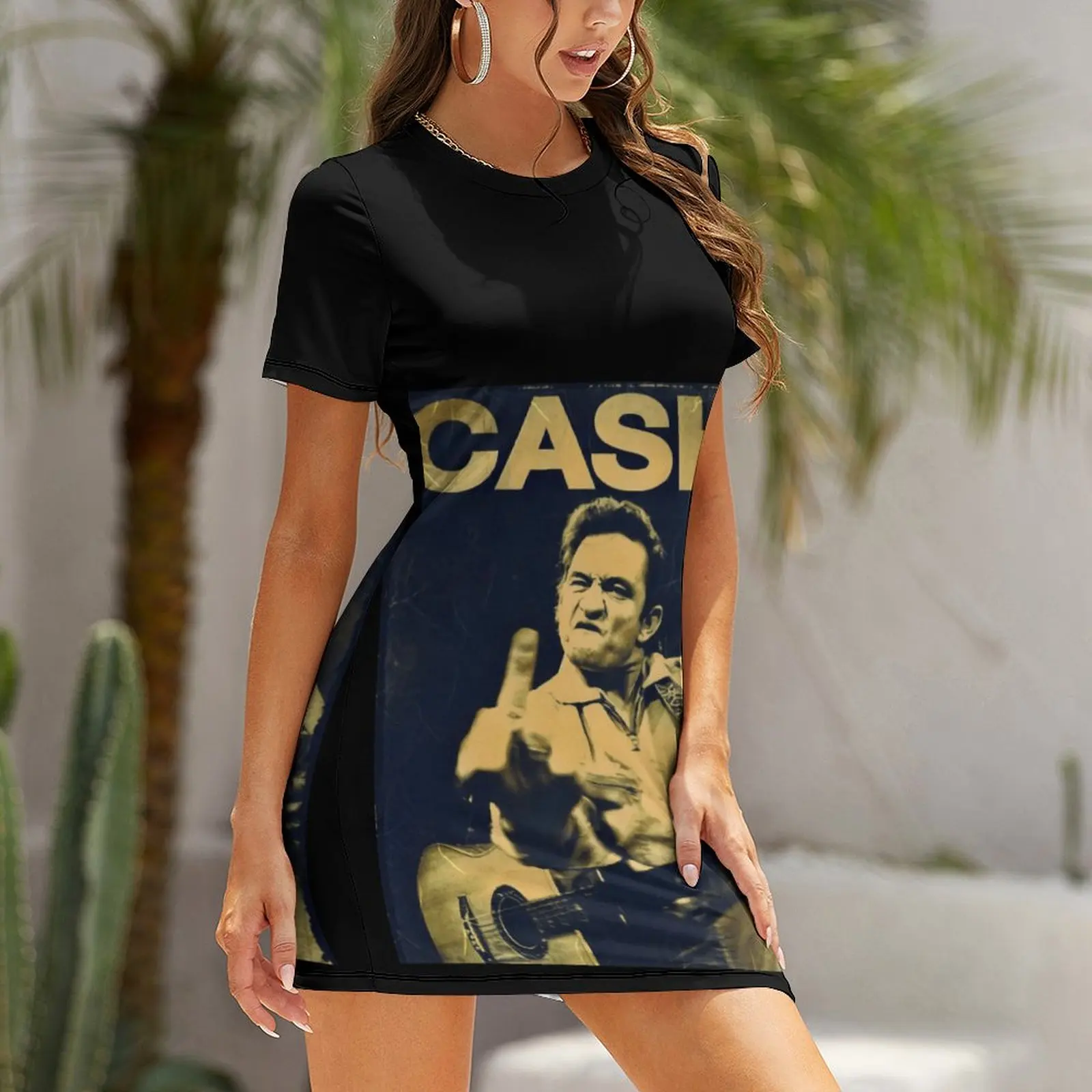 Johnny Cash Geeft Midle Finger Johnny_31207581 Jurk Met Korte Mouwen Grappige Sexy Vrouw Kleding Humor Cocktails Strappy Jurk