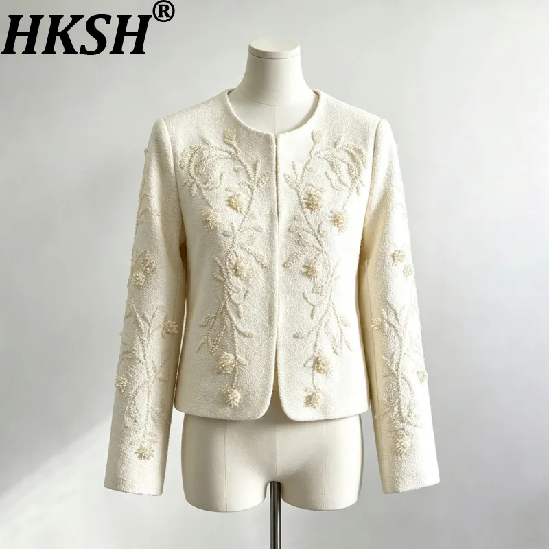 HKSH Women Short Jacket Tide Elegant Stylish O-Neck Embroidered Tweed Cardigan High-end Niche Versatile Solid Color Coat HK28188