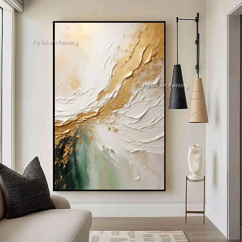 Handmade Gold Foil Ocean Relief Wall Art, Swirl Impasto Texture Painting, Neutral Tones Modern Entry Canvas Wall Decoration