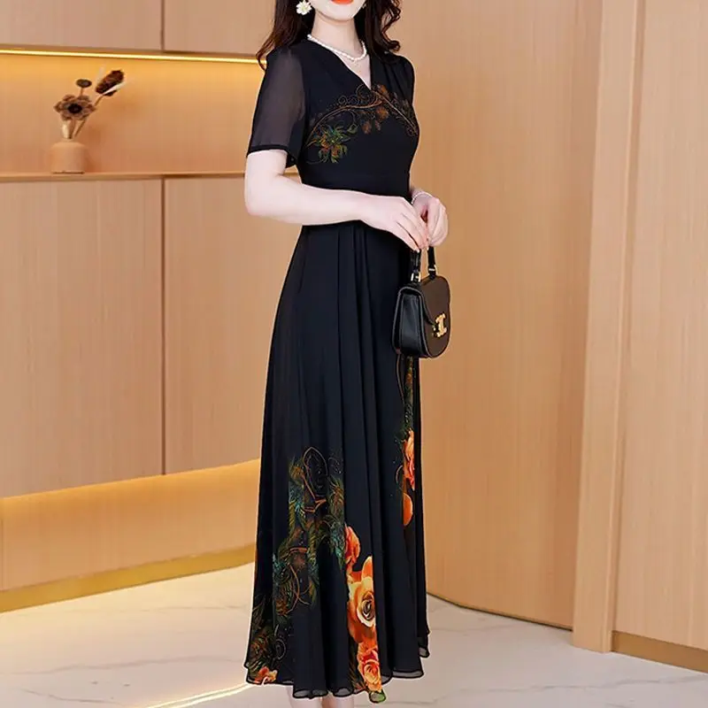 

Женские уличные повседневные свободные платья с высокой талией, элегантные платья с принтом, летнее платье макси с v-образным вырезом и короткими рукавами