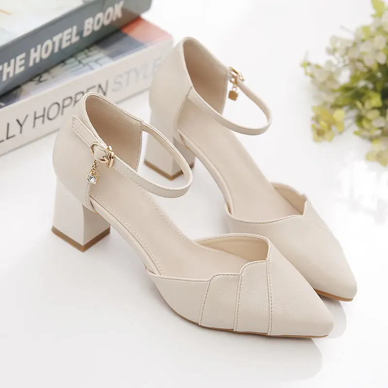 FHC Women High Heels,Soft PU Leather Office Work Shoes,Spring Pumps,Ankle Buckle,Shallow Out,Pointed Toe,Black,Beige,Dropship