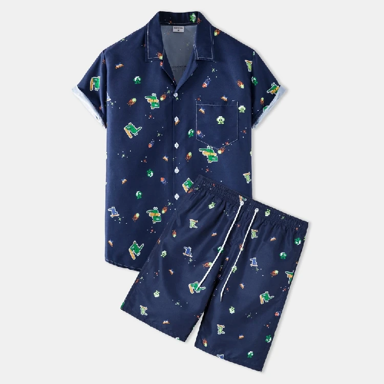 

Newly Designed Custom Printed Button Short Sleeve Shorts Hawaiian Casual Shirt Men's Two-piece Pajama Suit