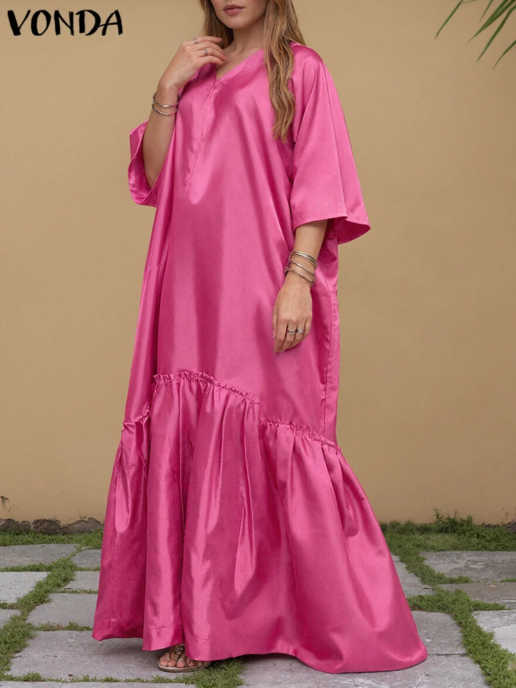 

Plus Size Evening Party Long Dress Women Elegant V-Neck Vestidos VONDA 2025 Fashion Casual Loose Ruffled Sundress Satin Robe
